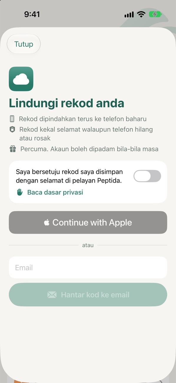 Skrin Lindungi rekod anda dengan Sign in with Apple dan email