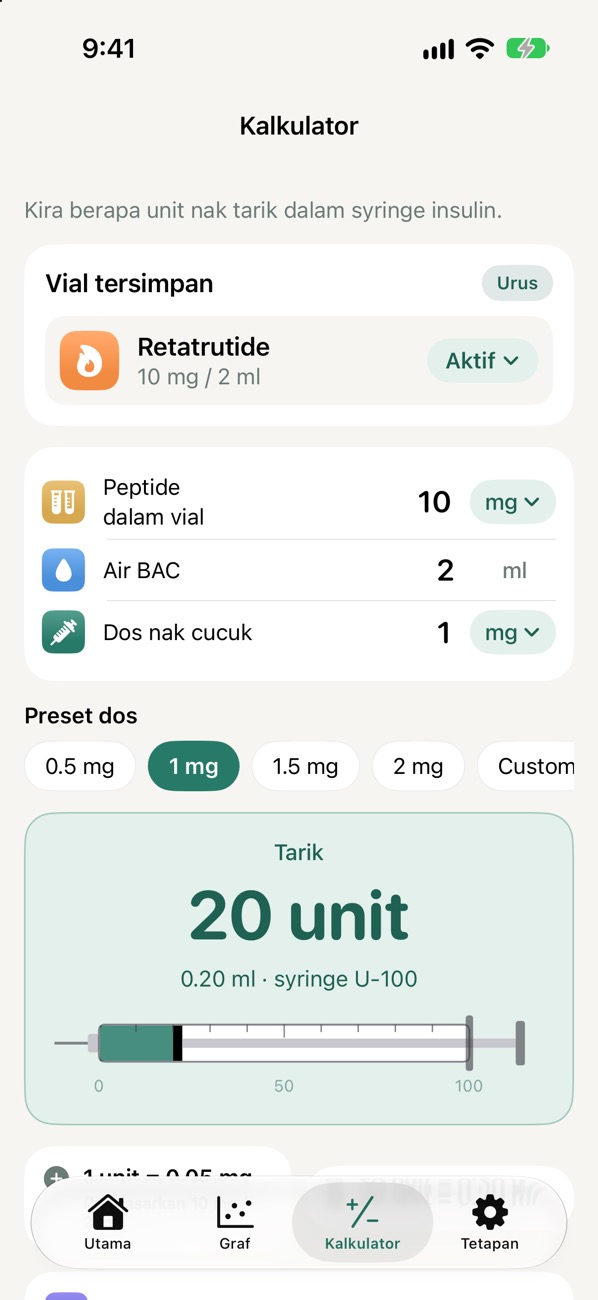 Skrin Kalkulator menunjukkan Tarik 20 unit