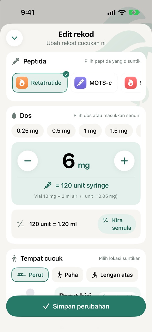 Skrin Edit rekod dengan butang Simpan perubahan