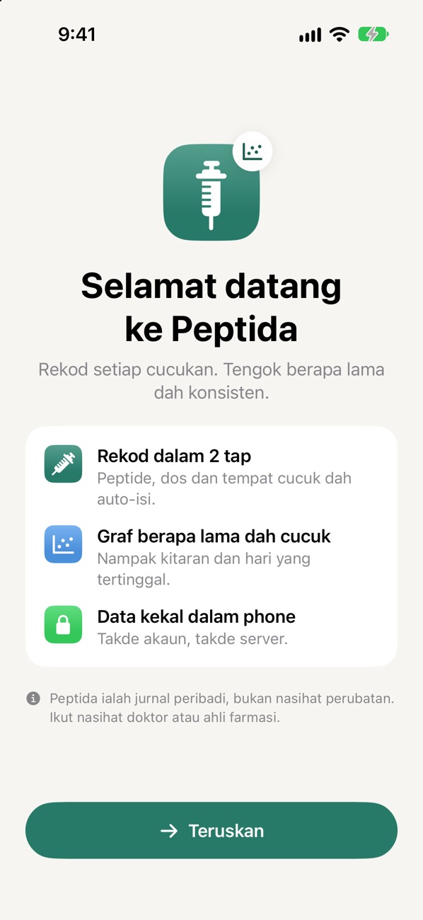 Skrin selamat datang Peptida dengan butang Teruskan
