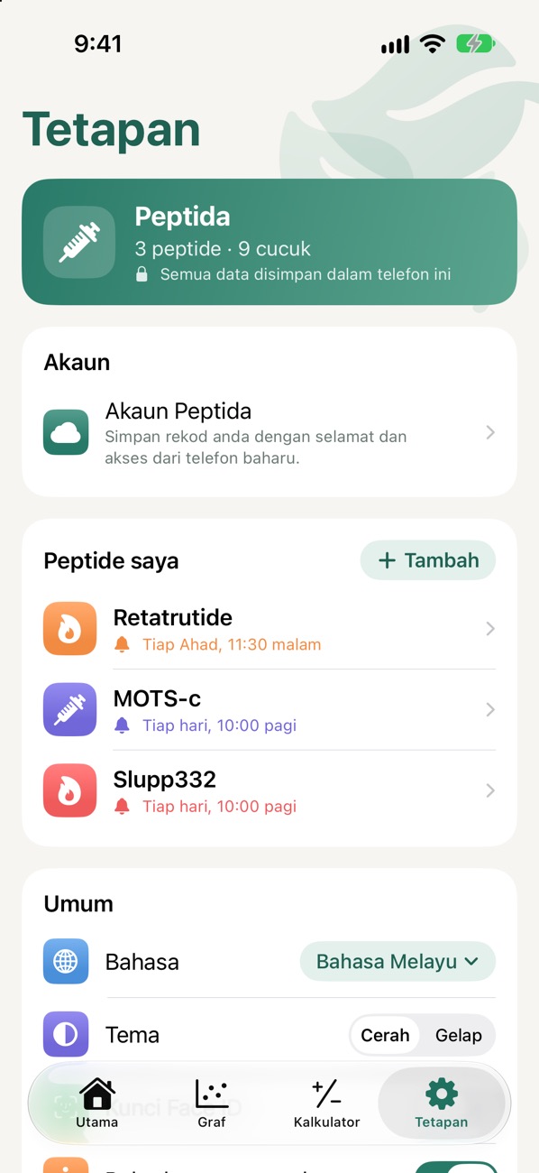 Skrin Tetapan dengan kad Peptide saya dan butang Tambah